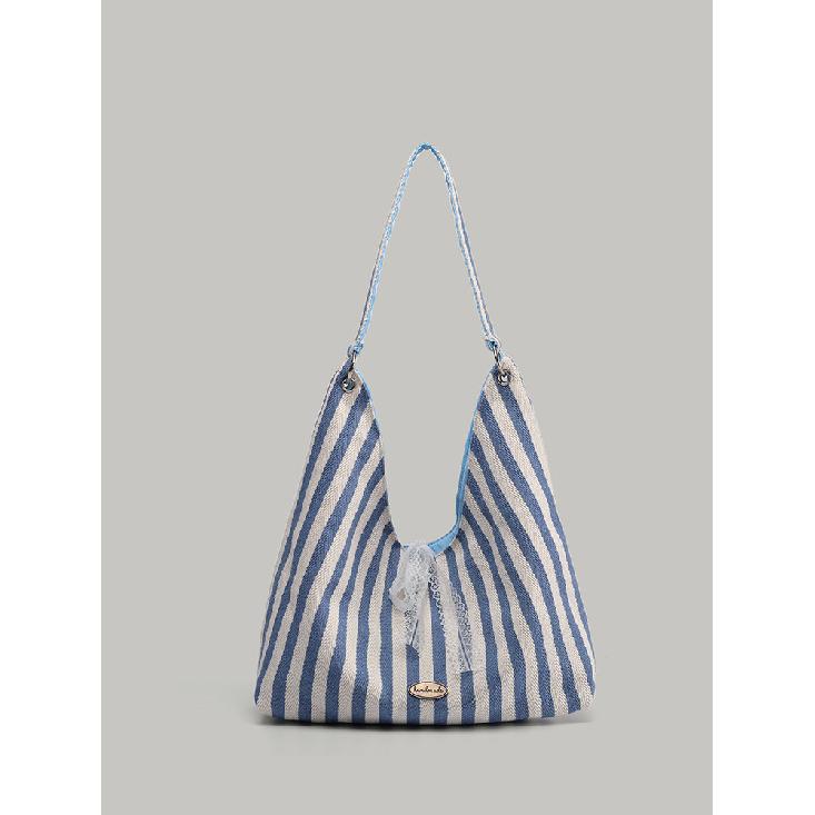 Summer new striped double-sided shoulder bag, vintage letter canvas bag, large-capacity simple letter commuter bag синий