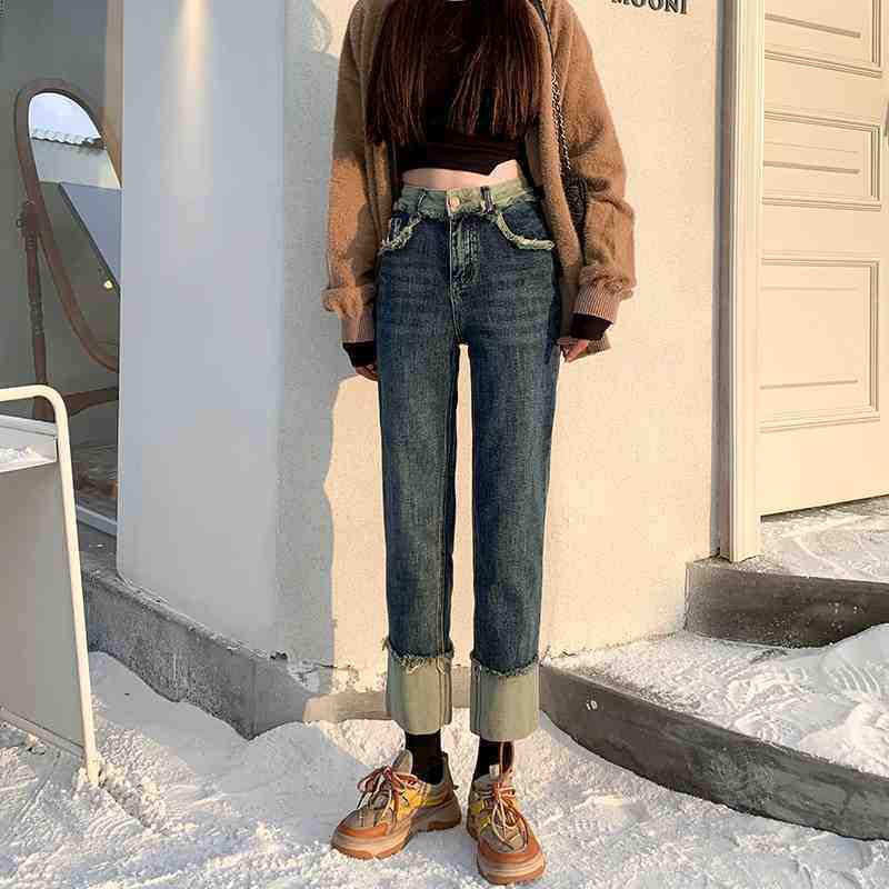 

Женские джинсы прямого кроя с высокой посадкой в корейском стиле - Петит, необработанный край, подвернутые, универсальные осенние брюки-сигареты 2XL синий