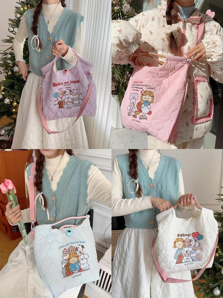 Trendy Large Capacity Cotton Tote Bag With Cute Embroidery For Commuting And Shopping