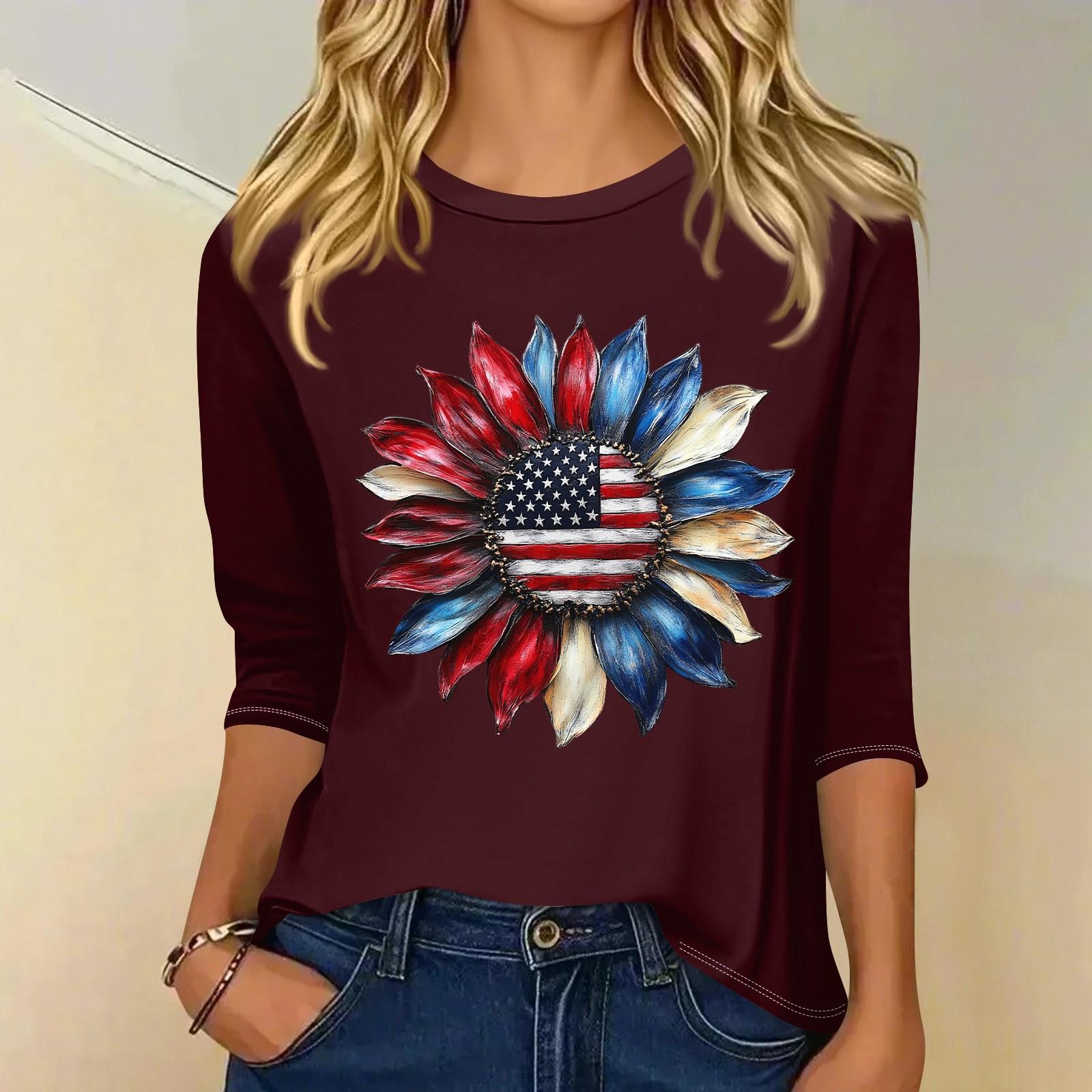 

Women s Fashion Casual 3/4 Sleeve T-Shirt Printed Round Neck Pullover Top S винный