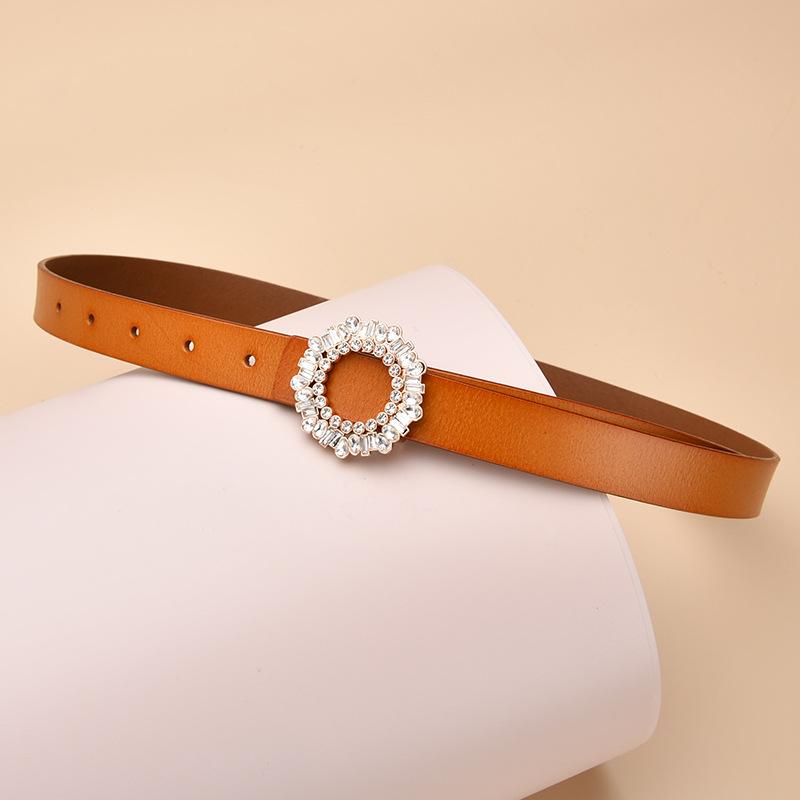 Ladies Belt With Crystal Diamond Square Buckle Decorative Belt Women'S Leather Smooth Buckle Belt