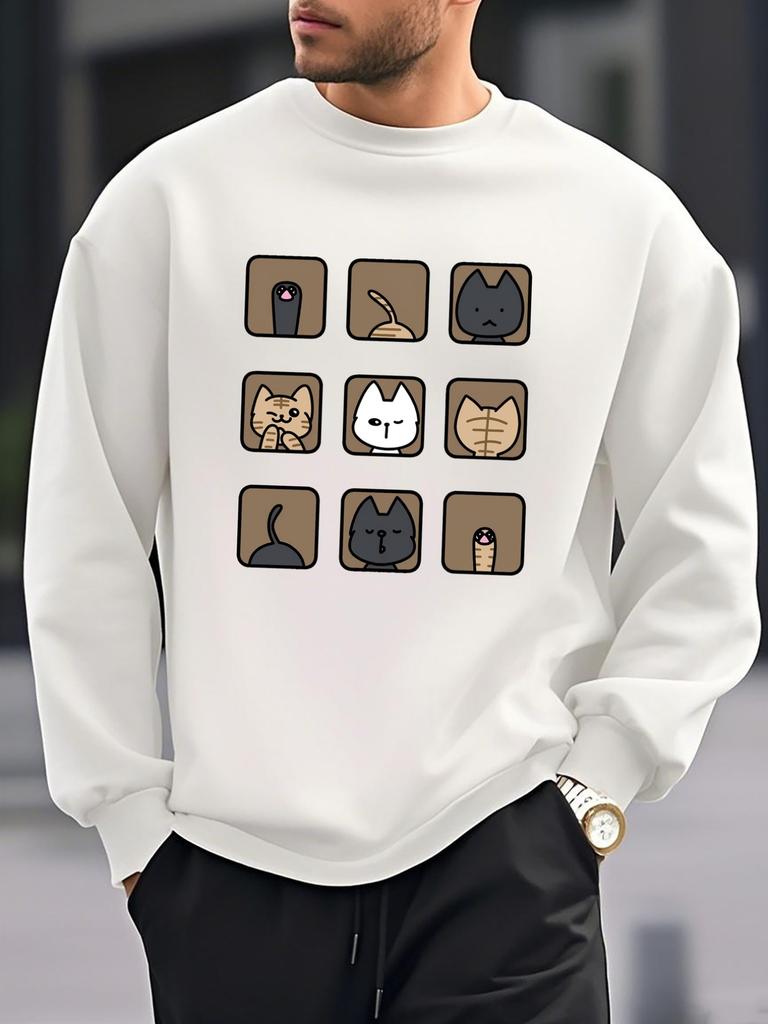 Cat Collection, Cute Cat Print Men'S New Round Neck Sweatshirt Loose Fashion Trendy Casual Sports ' Versatile Top Pullover Shirt