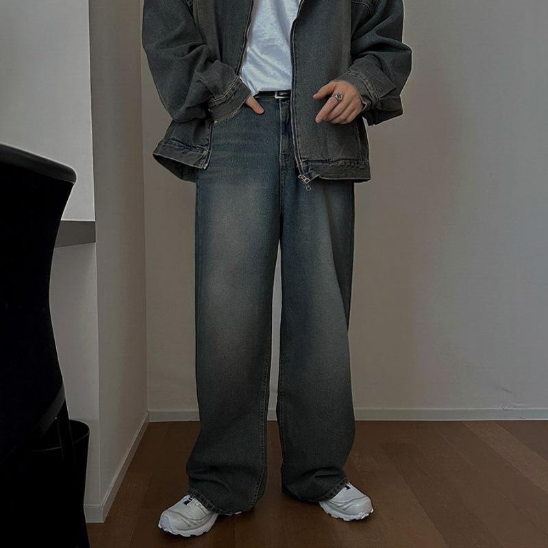 Retro Old Straight Jeans Men's Spring Hooded Denim Jacket Korean Fashion Denim Suit