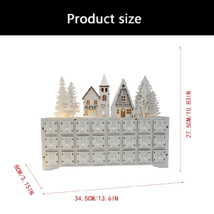 24 Drawer Wooden Advent Calendar In Christmas Village Style, Lighted Indoor Piece for Shelf Display and Daily Seasonal Tradition
