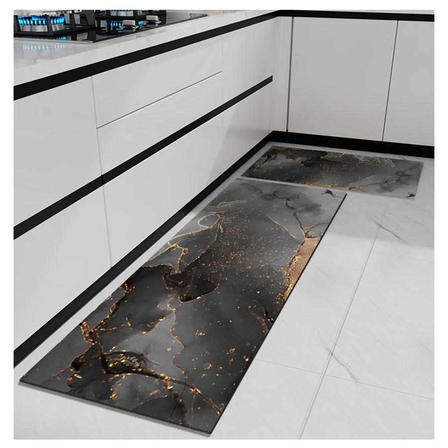 Luxury Grey and Gold  Marble Print Kitchen Mat Soft Thickened Kitchen Floor Mat Waterproof Non-slip Oil-proof Floor Mat Runner Rug
