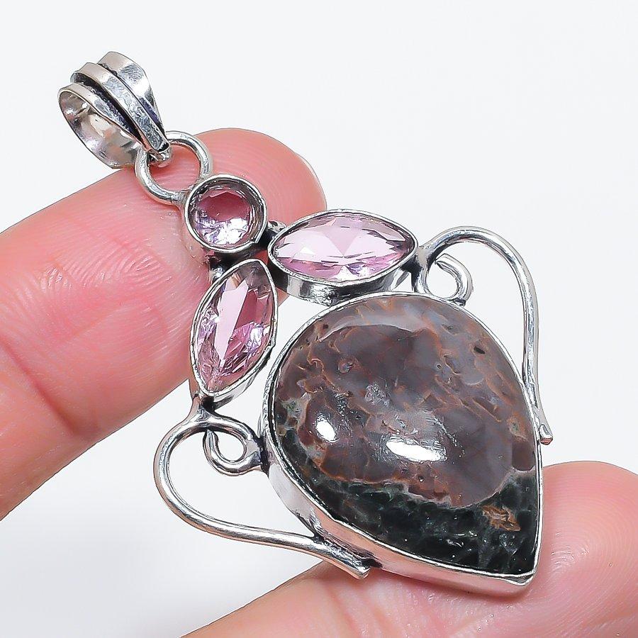 

Натуральный окаменелый ил, Кунцит 925 стерлинговое серебро Ювелирная подвеска 2.21 m1q60