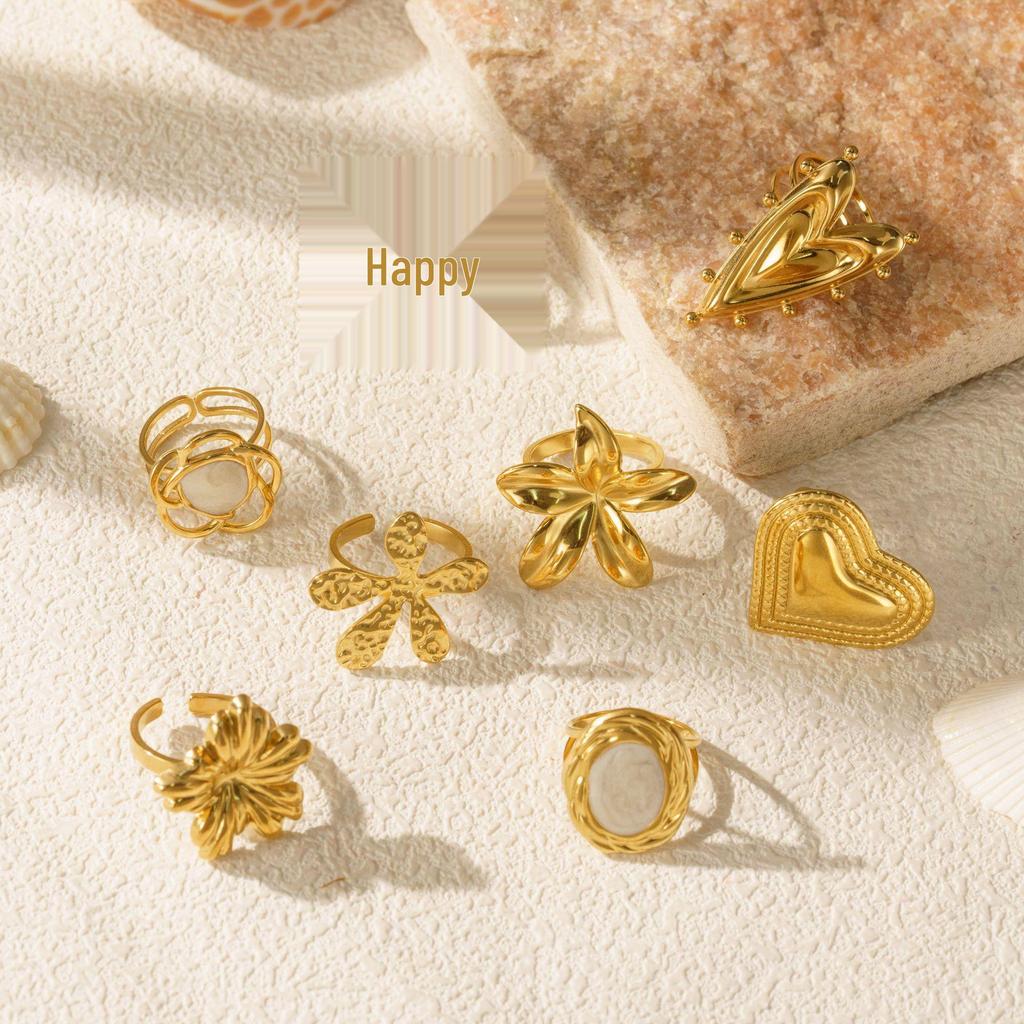 European & American Fashion Stainless Steel Flower Ring, 18k Gold-Plated Open Adjustable Jewelry