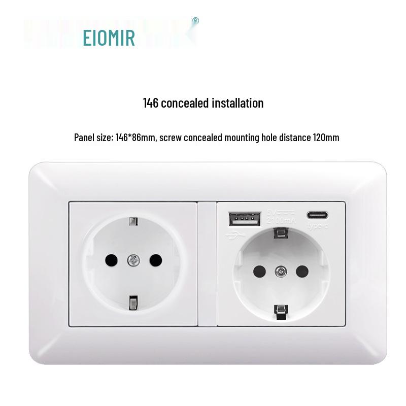 Curved White European Standard Socket Panel with Double USB & Type C, German Switch, Concealed Installation