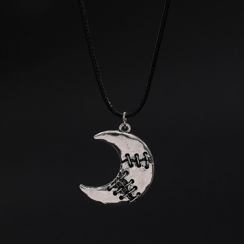 A Gothic creative repair wear moon necklace men and women's vintage leather cord pendant necklace Halloween jewelry gift