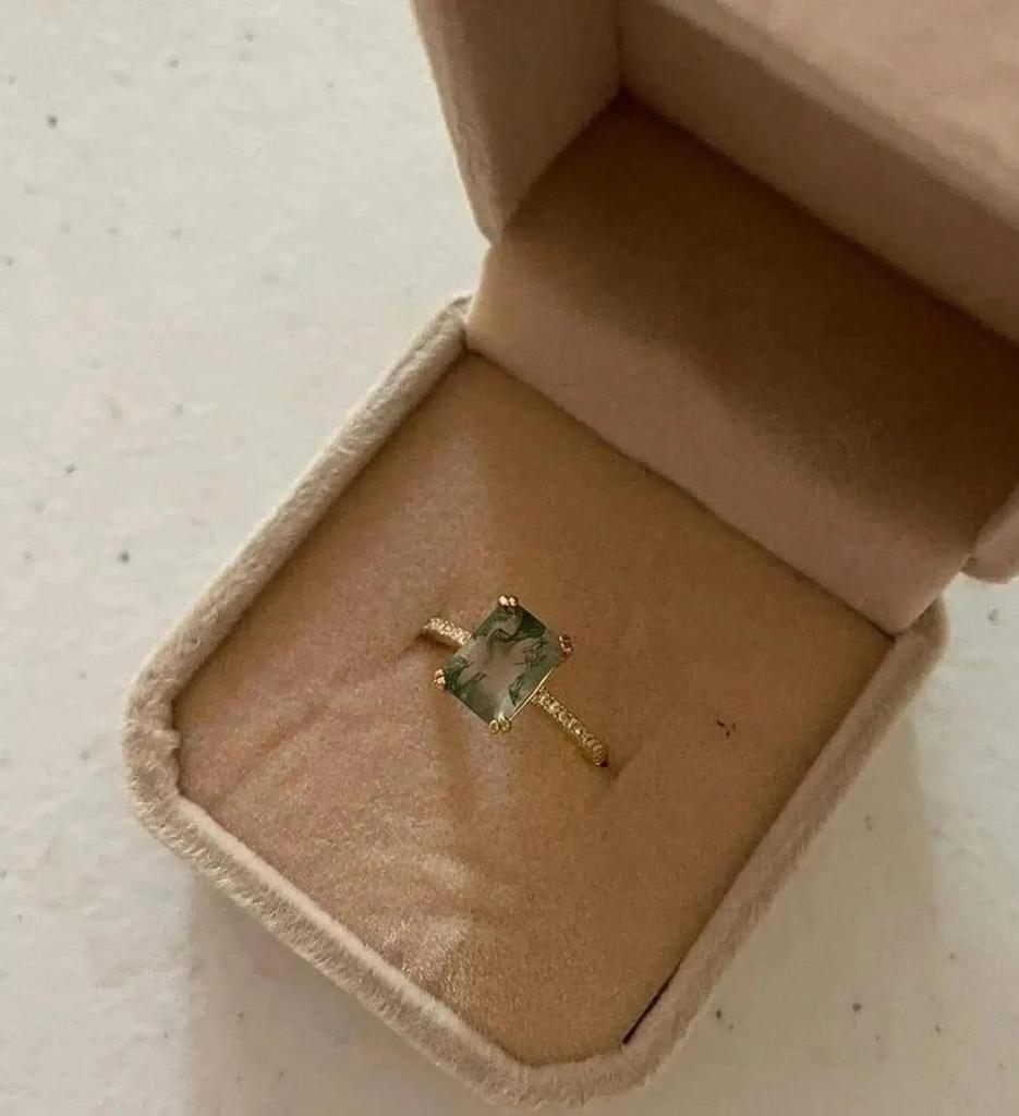 Emerald Cut Moss Agate Ring: Rose Gold Plated Stacking Wedding Ring: Cubic Zirconia Bridal Jewelry For Women