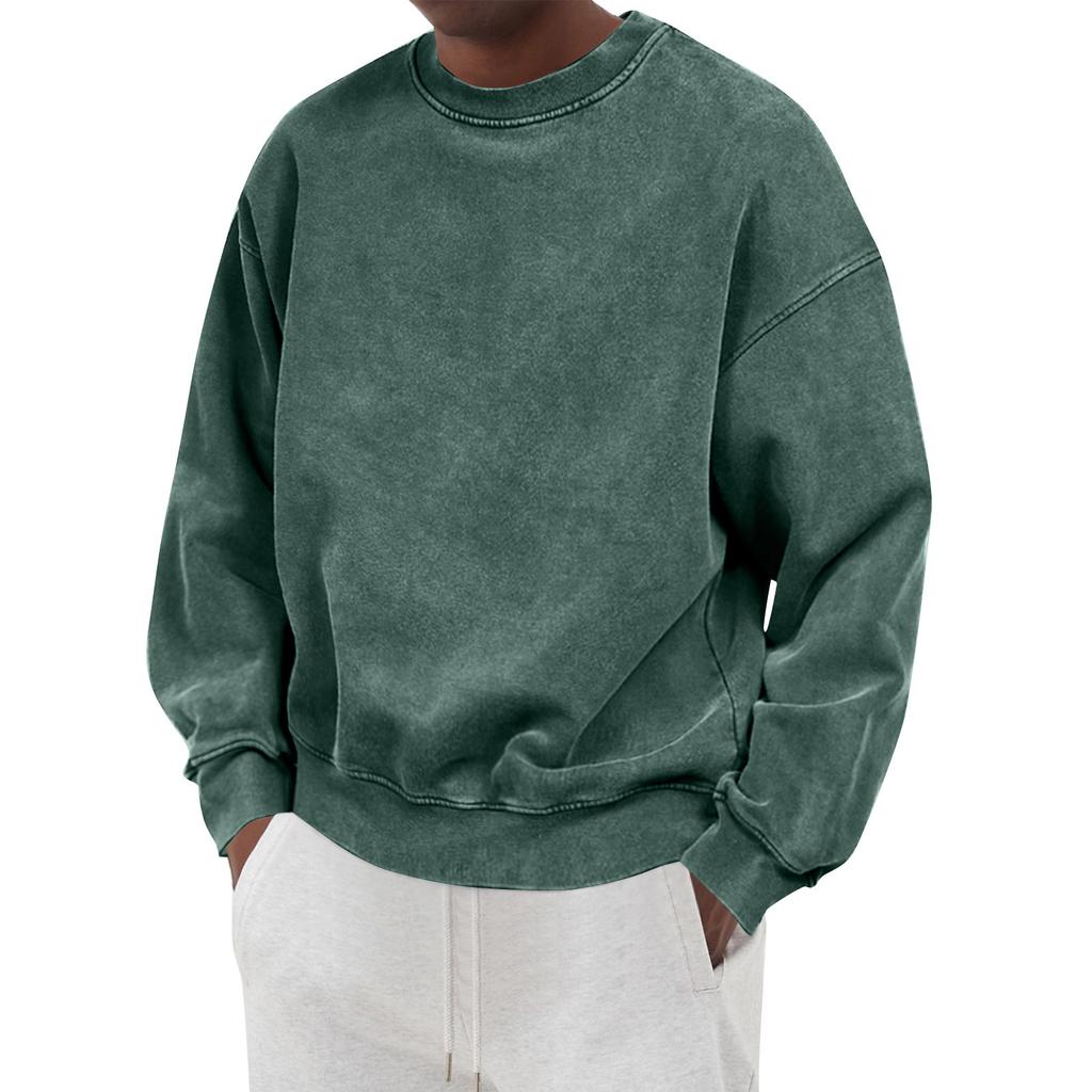 Men's Solid Color Washed Long Sleeve Round Neck Sweatshirt Men's Casual Fashion Sweatshirt
