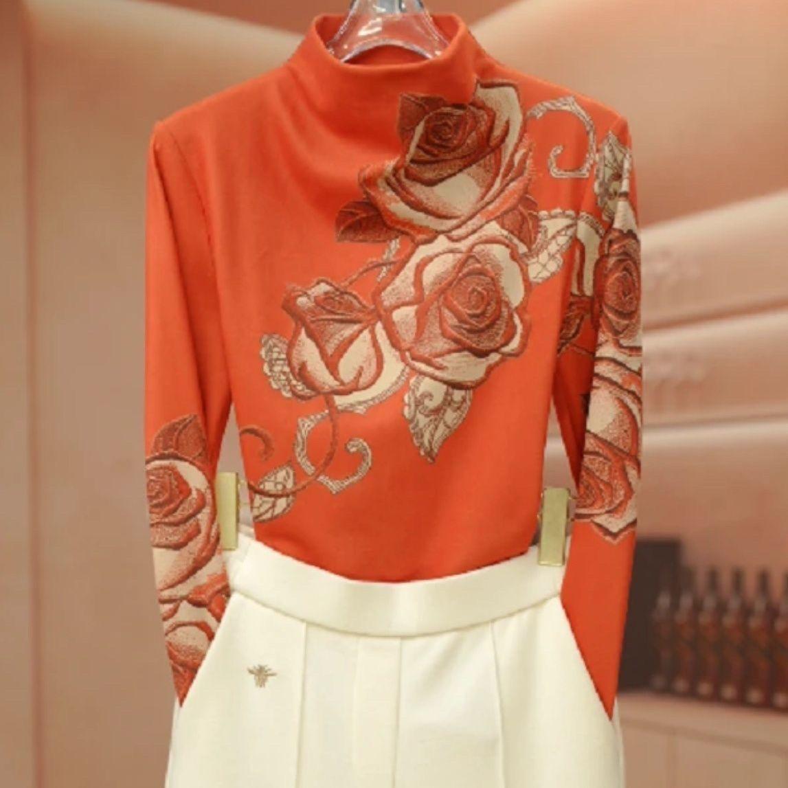 

Женская этичная бархатная базовая рубашка с длинным рукавом, теплая, с принтом, осенне-зимняя, приталенного кроя, футболка со стойкой 4XL оранжевый