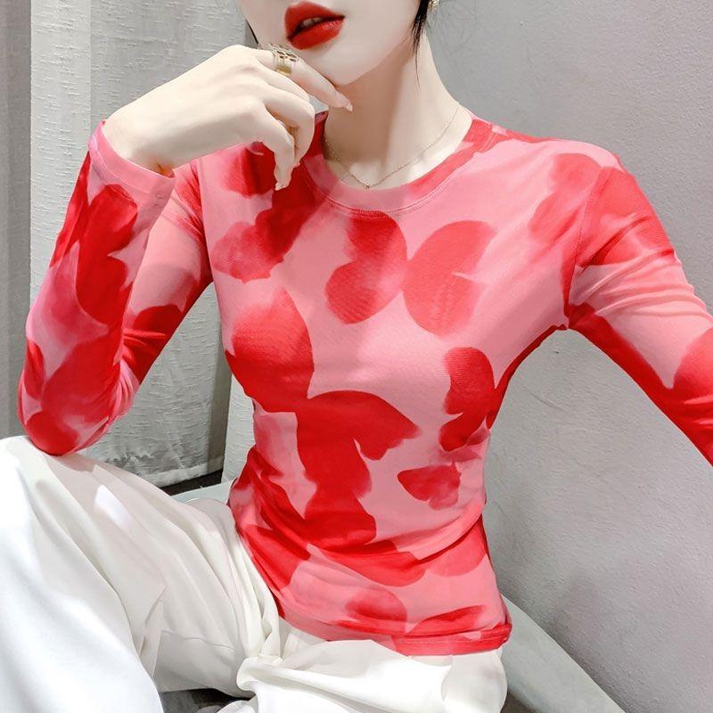 

Women s Pink Red Leaf Print Sheer Long-Sleeve Slim Blouse S червоний