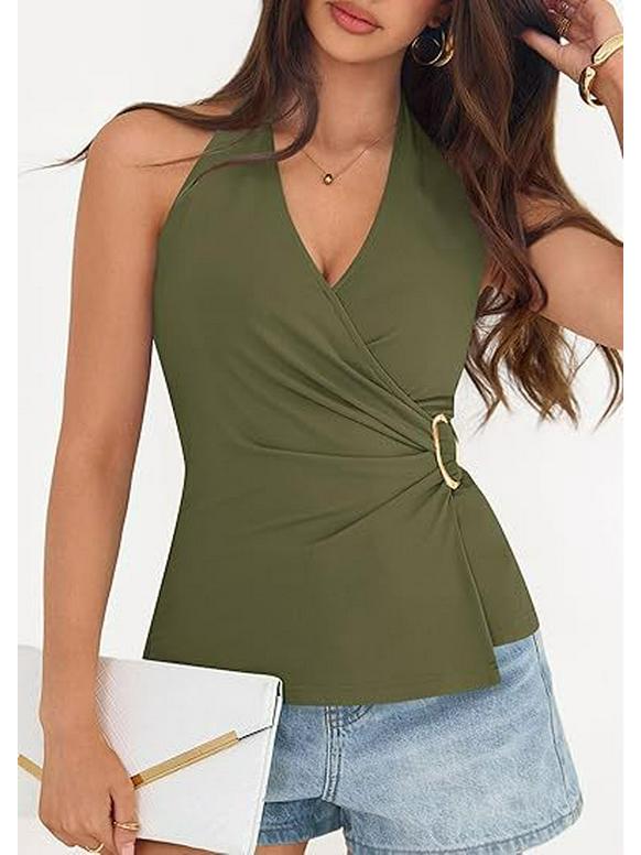 Women's Solid Color Sleeveless V-neck Halter Backless Top - Summer Style