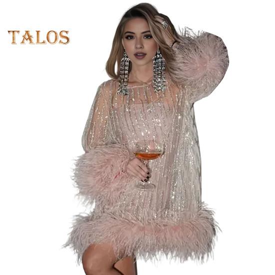 

Женское вечернее платье с отделкой из пайеток и перьев, рукава в виде рогов, прозрачная сетка, О-образный вырез, короткое платье, выпускной вечер, свадьба, мини-платье M светло-розовый