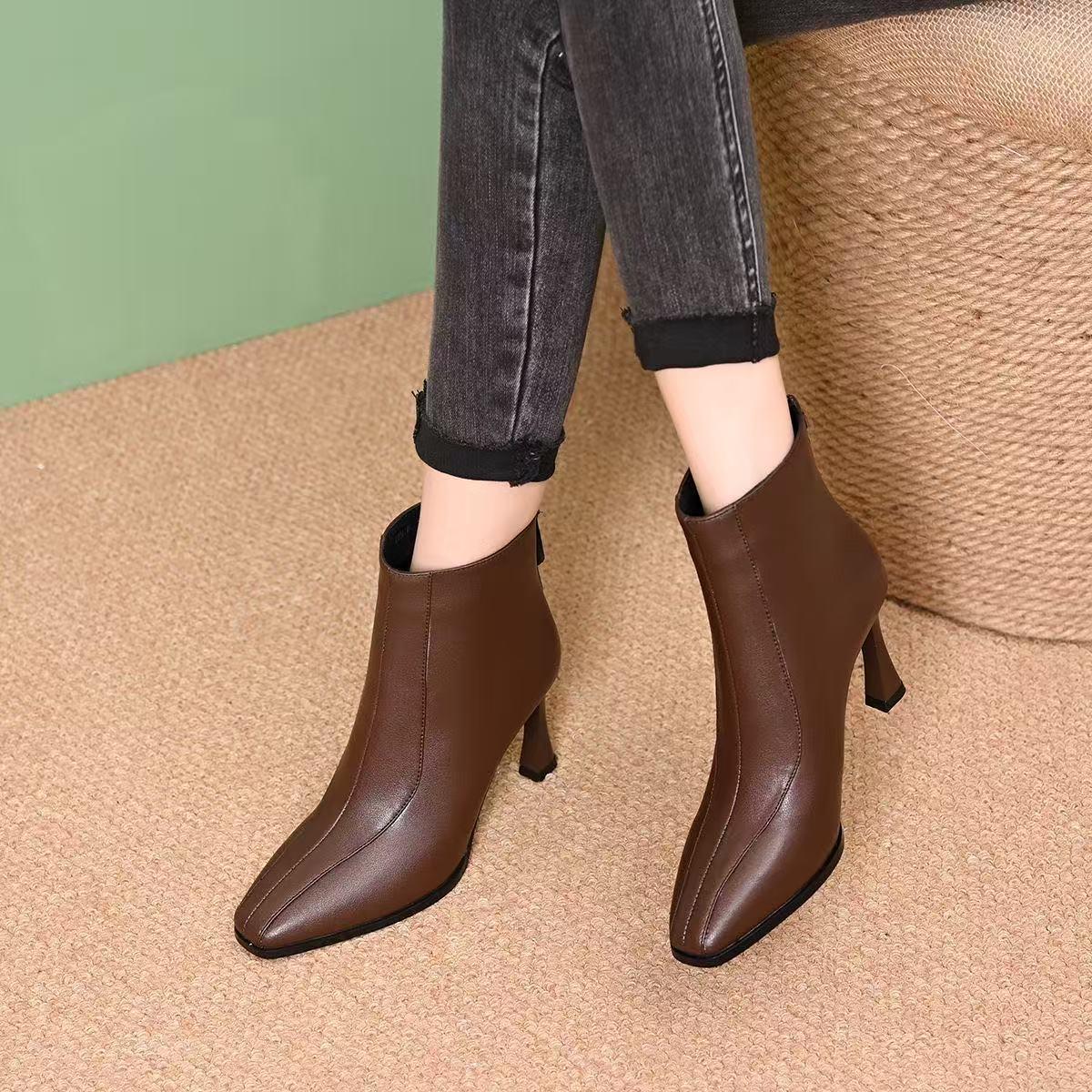 

Women s Brown Square Toe Stiletto Ankle Boots with Fleece Lining - Autumn/Winter 2025 Collection 39