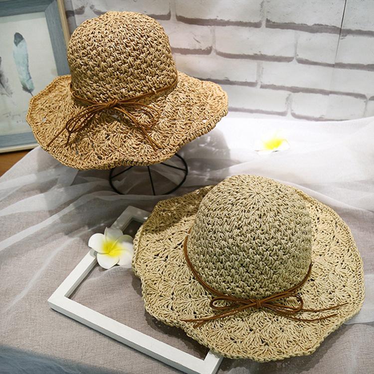 Handmade Crochet Straw Hat Women's Foldable Versatile Bow Travel Vacation Visor Beach Big Eaves Hat Summer