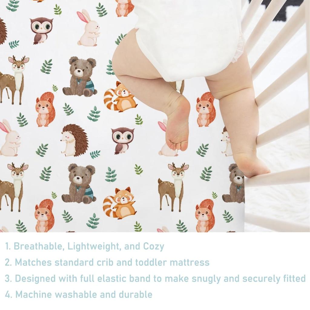 Cute Woodland Animals Leaves Baby Crib Sheet 52''x28'' Bear Raccoon Squirrel Deer Rabbit Hedgehog Owl Fitted Crib Cover for Boy Girl Nursery Crib