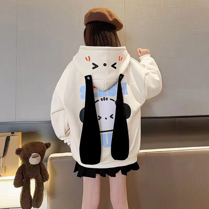 Girls' Spring Autumn Long Ears Hooded Thickened Sweatshirt - Kids' Top