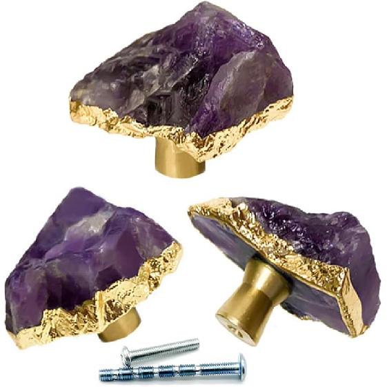 

3 шт. Натуральные аметистовые ручки с золотым ободком, фиолетовые кристаллические ручки, ручки для шкафов и комодов для мебели с винтами (3) 3