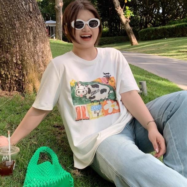 Harajuku Funny Cartoon Short Sleeve T-shirts Women Summer Pure Cotton Casual Oversized T Shirt Women's Streetwear White Y2k Tops