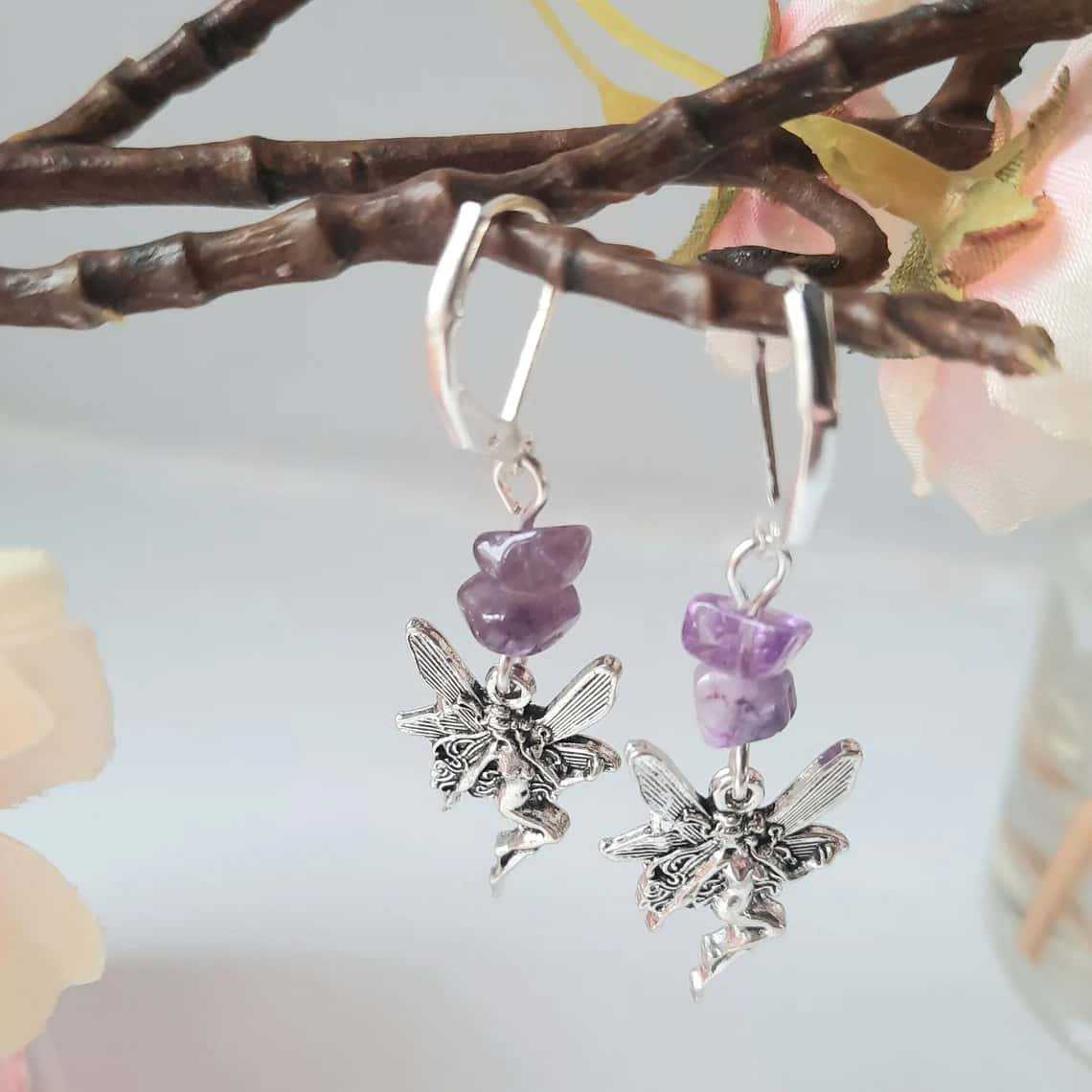 

Bohemian Renaissance Period Irregular Amethyst Elf Fairy Dangle Earrings for Women Halloween Witch Designer Earrings Jewelry