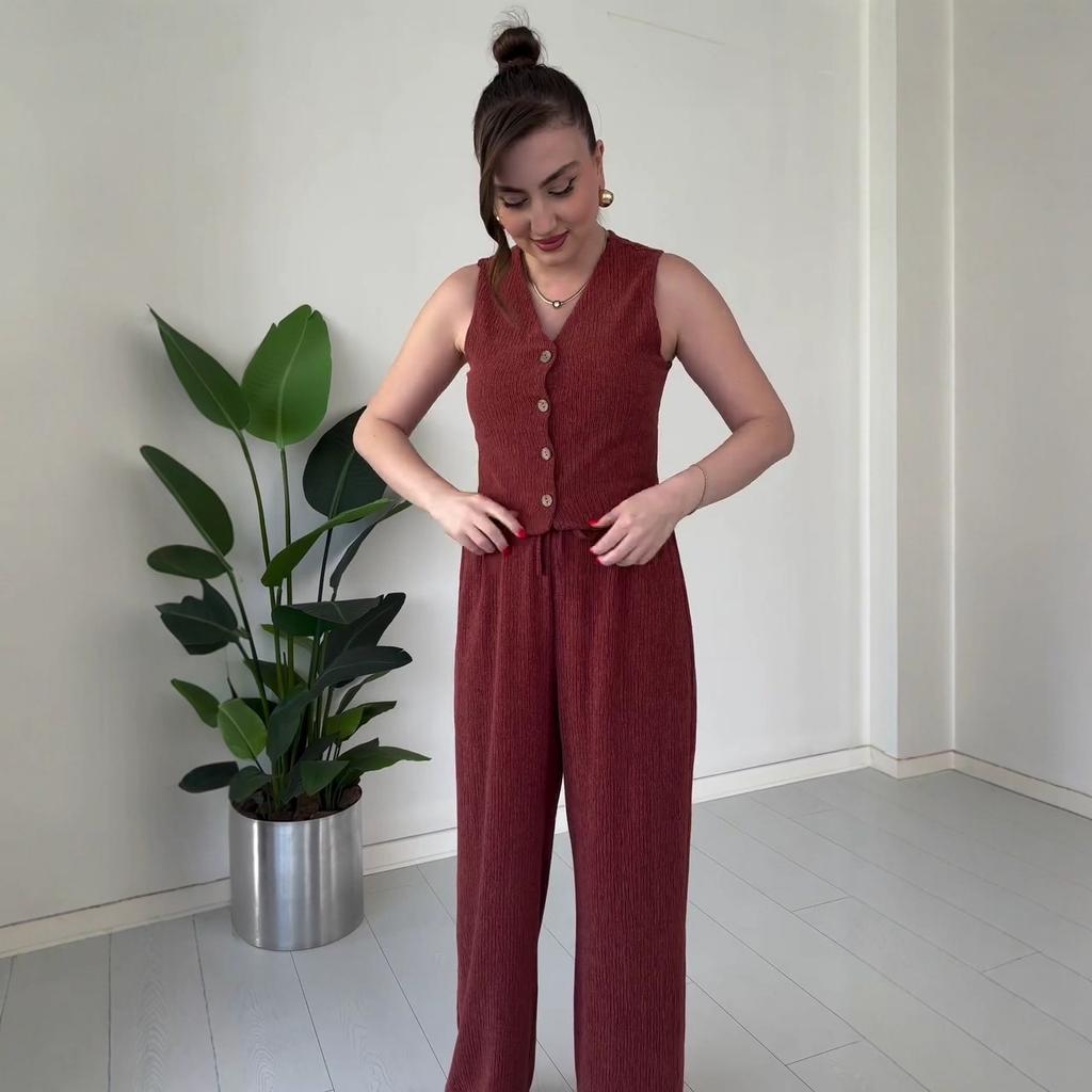 2025 summer European and American women's clothing cross-border comfortable casual versatile commuter sleeveless button top pants two-piece set