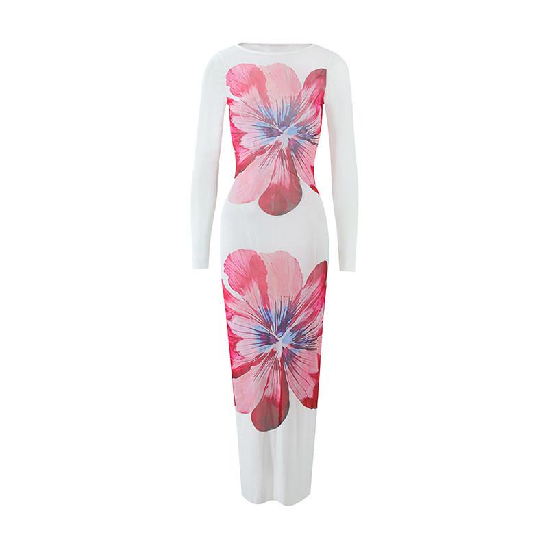 Summer Sheer Flower Print Long Sleeve Dress With High Waist For Teen Travel