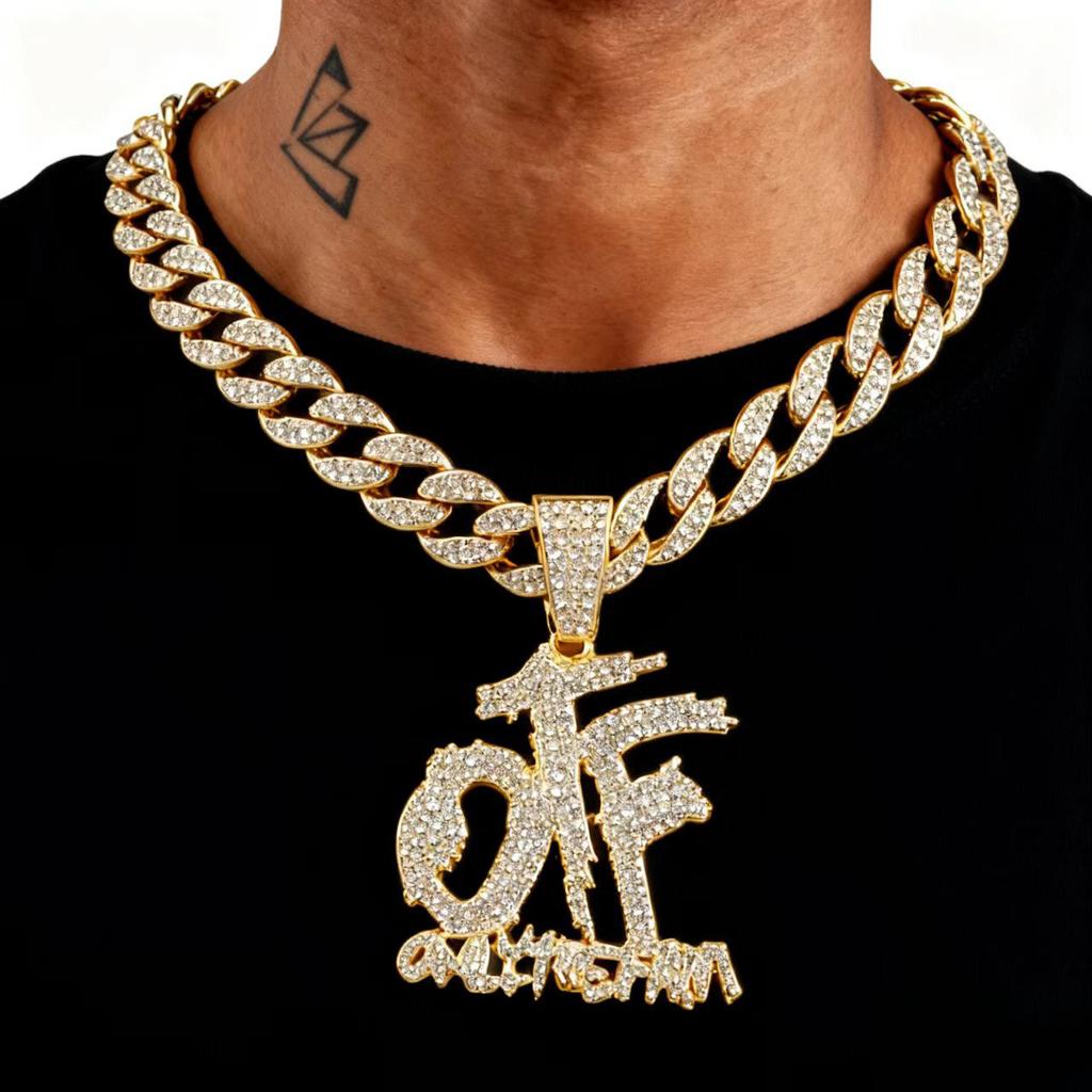 Hip Hop Otf Letter Necklace Men And Women Hip Hop Personality Versatile Trend Cuban Chain Jewelry Set