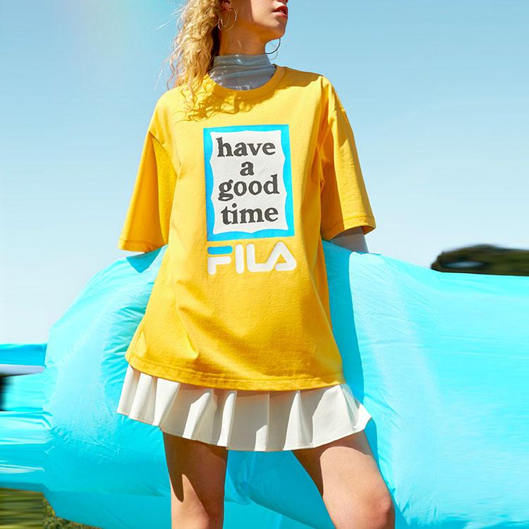 FILA X Have A Good Time Collaboration Large Logo Printed T-Shirt Unisex Tops Light-Green Orange F11U229103F-OR
