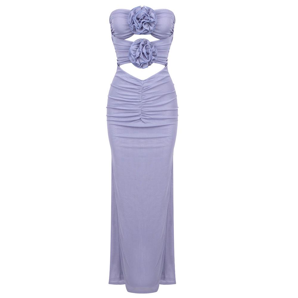 Purple Strapless Floral Mesh Bodycon Dress - Waist-Cinching, Slimming Party Outfit Small