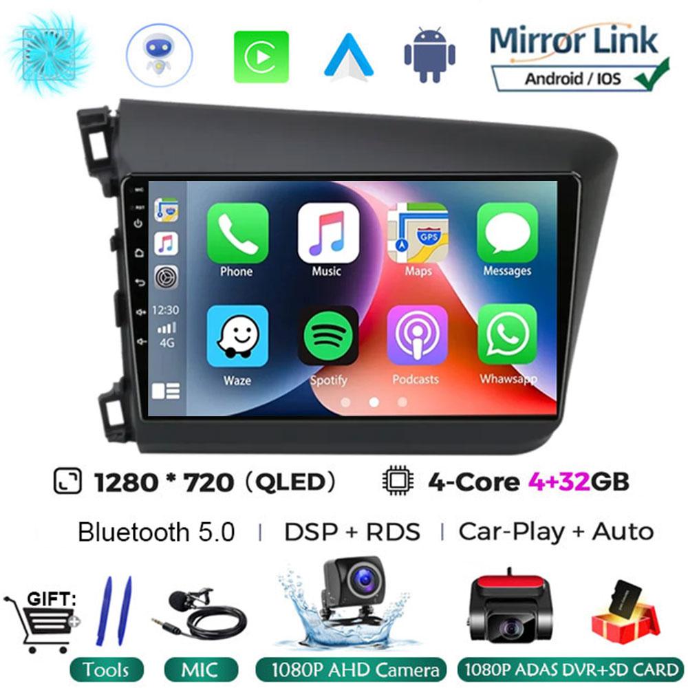 9" 2 Din Android 14 Car Radio for Honda Civic 2012 2013 2014 2015 Multimedia Player 2din Carplay Stereo GPS DVD Head Unit NO DVD