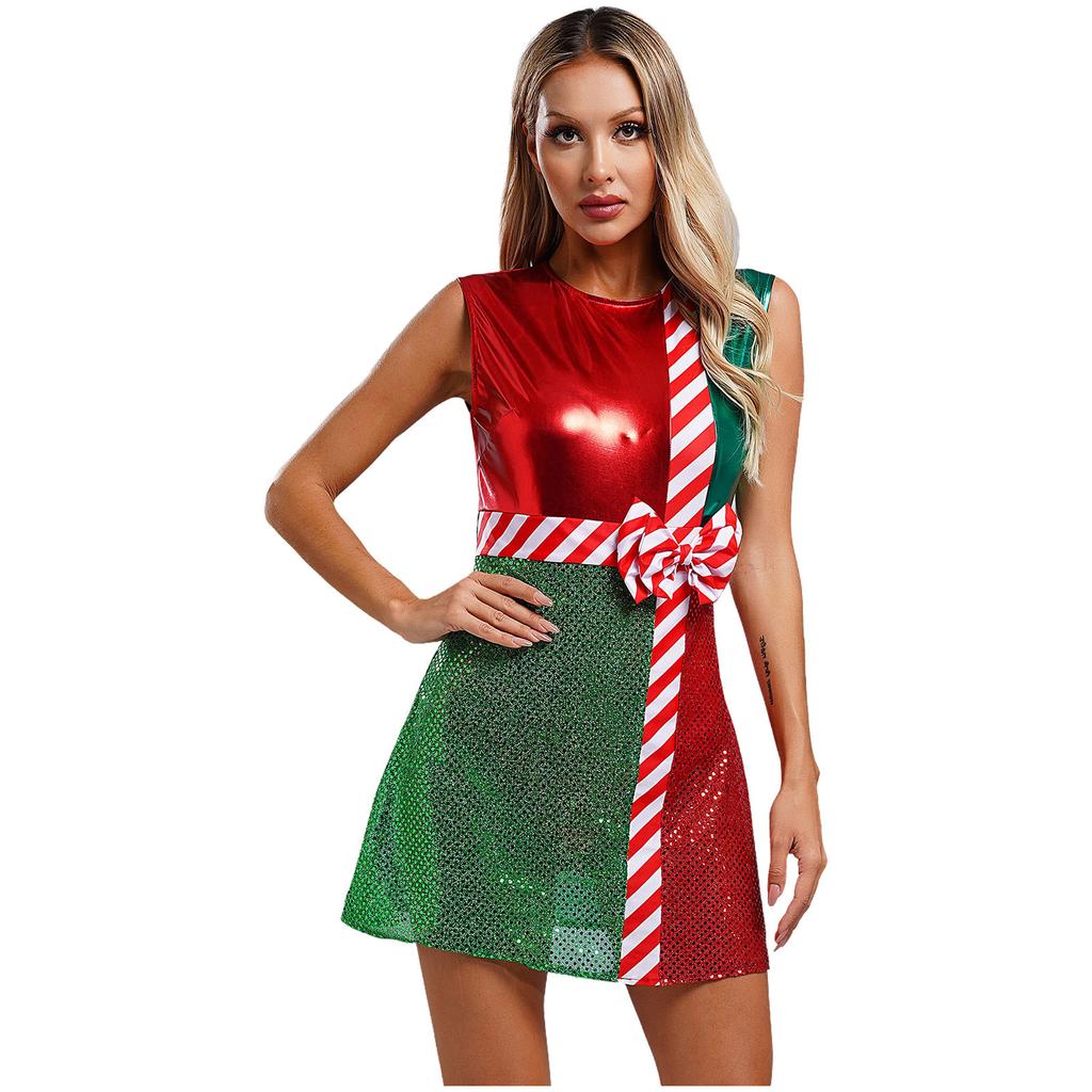 Costume di Natale da Donna a Strisce Caramella Senza Maniche Vestito da Festa Body da Ballo Balletto