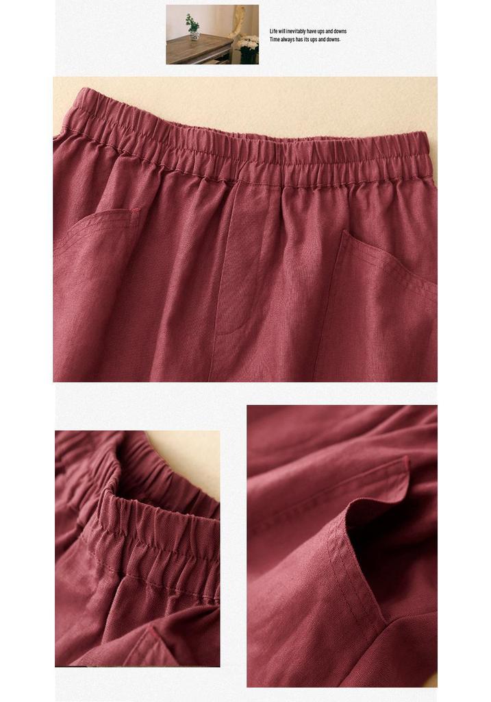 Women's 2024 Retro Cotton-Linen Elastic Waist Shorts with Large Pockets, Wide-Leg, Slimming, Straight-Leg, Versatile Design