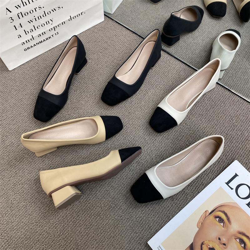 2025 Spring New Color Matching Fashion Design Square Head Thick Heel Single Shoes Women's Versatile Medium and High Heel Commuter Work Shoes