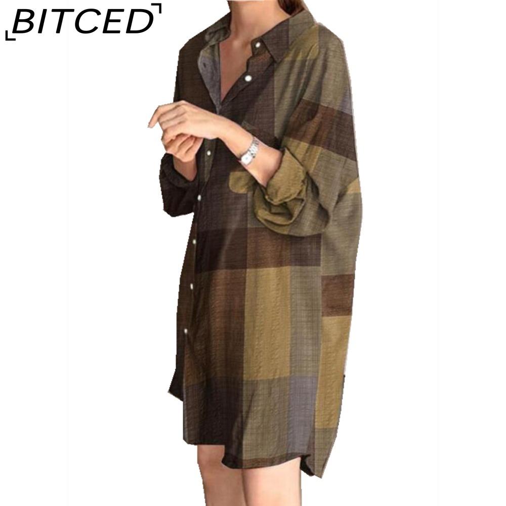 

BITCED Женское платье-рубашка с отложным воротником и длинными рукавами, летнее модное клетчатое платье с принтом XL хаки