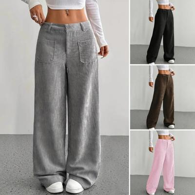 Women Pants Low Rise Zipper Button Fly Straight Wide Leg Long Pants with Pockets Solid Color Ribbed Leisure Trousers