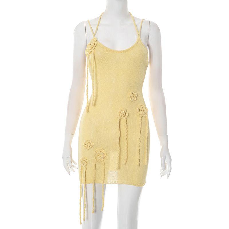 

Elsa European and American Women clothes Summer New Gyaru Sexy Vacation Solid Hanging Neck Lace-up Flower Knitted Hip Skirt for Women Yellow S