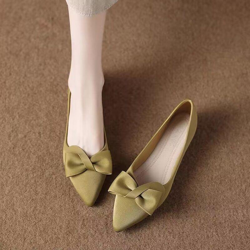 Beautiful single shoes, shallow mouth bow, pointed head, gentle wind, maternity shoes, flat shoes, super soft fairy French