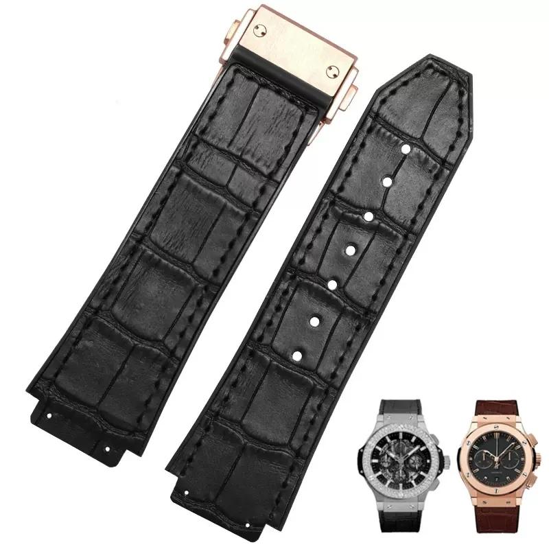 26X19mm Real Cow Leather Rubber Watchband for HUBLOT Classic Fusion Universe Big Bang Series Men belt Watch band butterfly Buckl