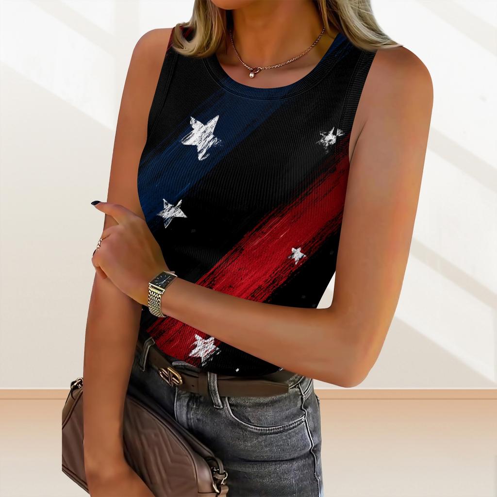 Women's Summer Fashionable Casual Independence Day Printed Round Neck Sleeveless Top Fitted Vest