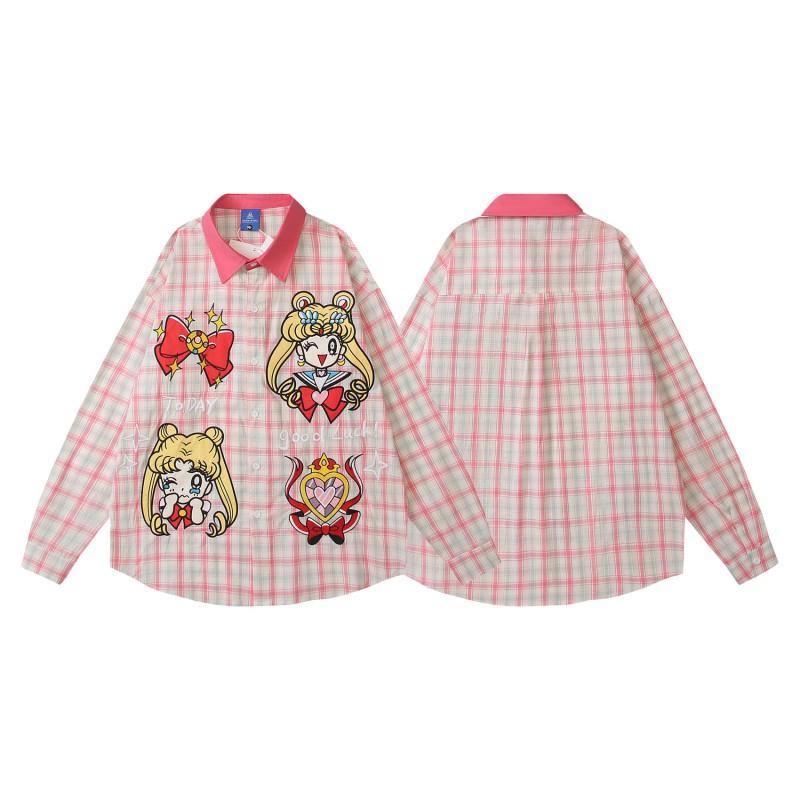 American Retro Pink Plaid Cartoon Embroidered Long Sleeve Shirt Loose Casual Top Men