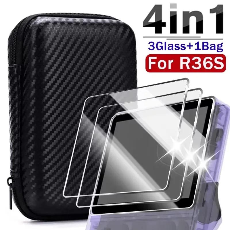 Custodia+Vetro 4 IN 1 per Console di Gioco R36S Borsa da Viaggio per Trasporto e Conservazione e Pellicole Protettive in Vetro Temperato per Accessori R36S