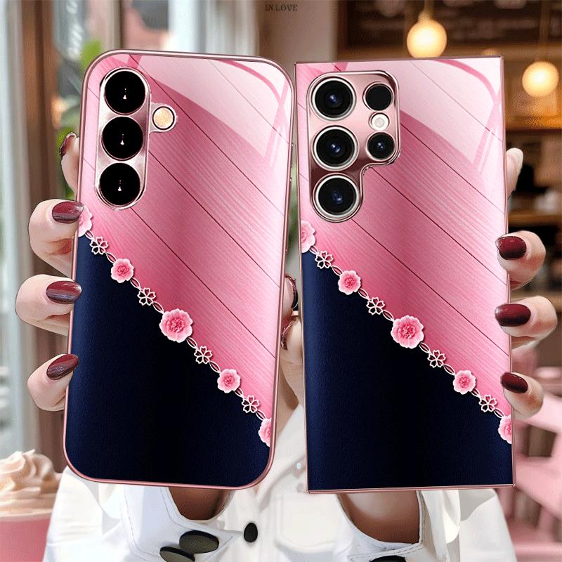 Elegant Two-Tone Flowe Fashion Phone Cases Mobile Phones Glass Phone Case for Samsung Galaxy S26 S25 S24 S23 S22 FE Ultra Plus