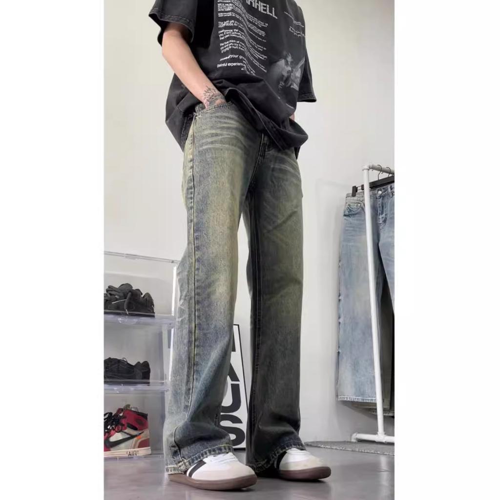 American high street retro washed old jeans men's cleanfit retro micro-straightforward slim long pants tide