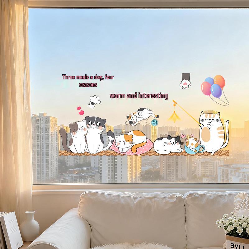 Süßer Katzen Statisch Haftender Glasaufkleber - Ohne Kleber, Ganzes Blatt für Schiebetüren & Fenster