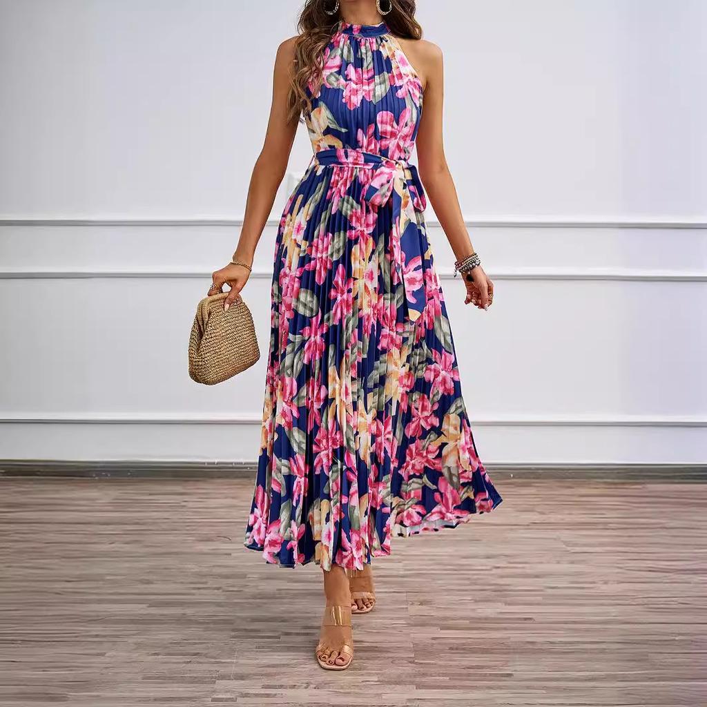 Dámské šifonové květinové dlouhé šaty francouzský styl s krátkým rukávem elastické šaty do áčka letní bohémský potisk plážové šaty