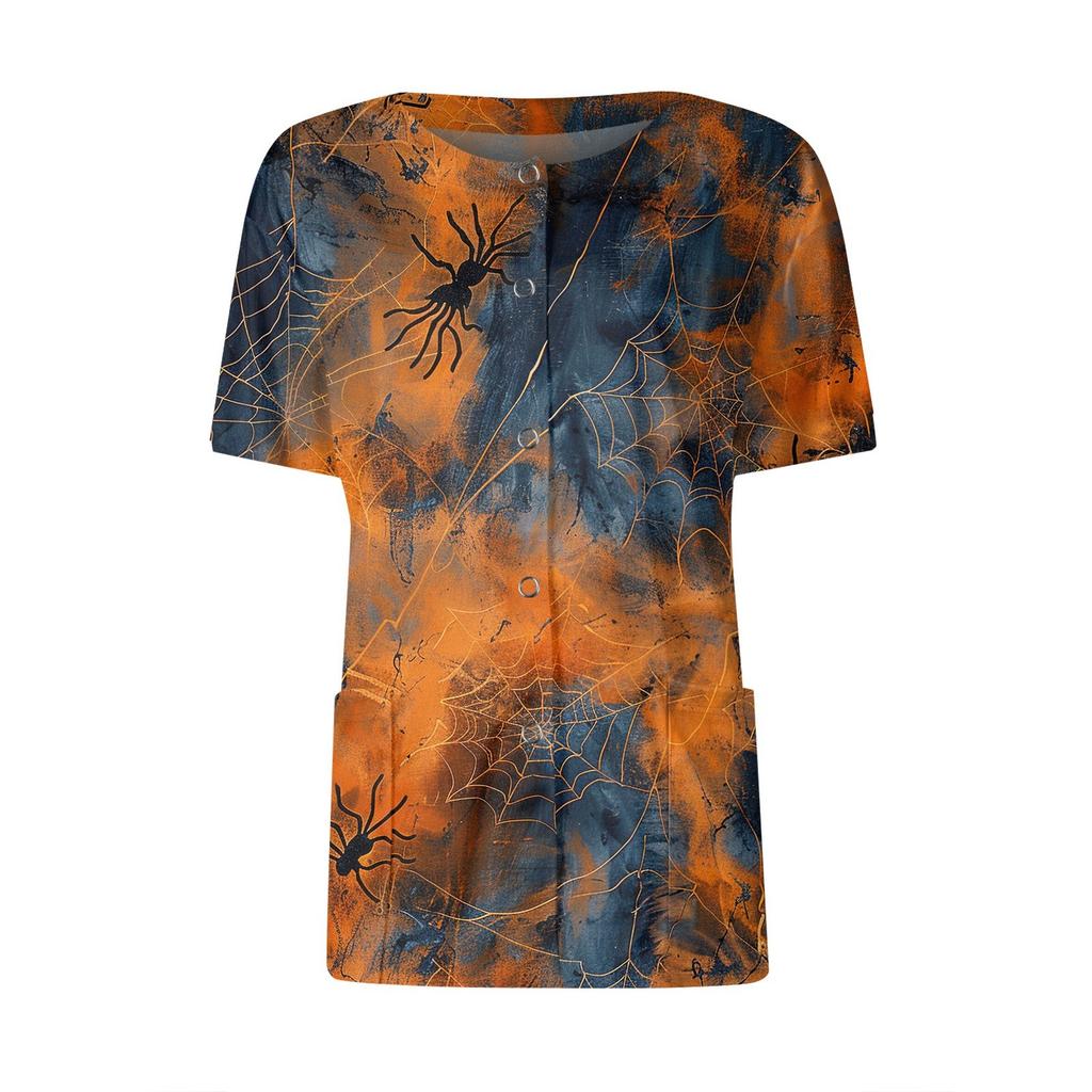 Women's Short Sleeved Patterned Pockets, Work Print Stand Up Collar, Single Breasted Protective Clothing, Cardigan Jacket, Top