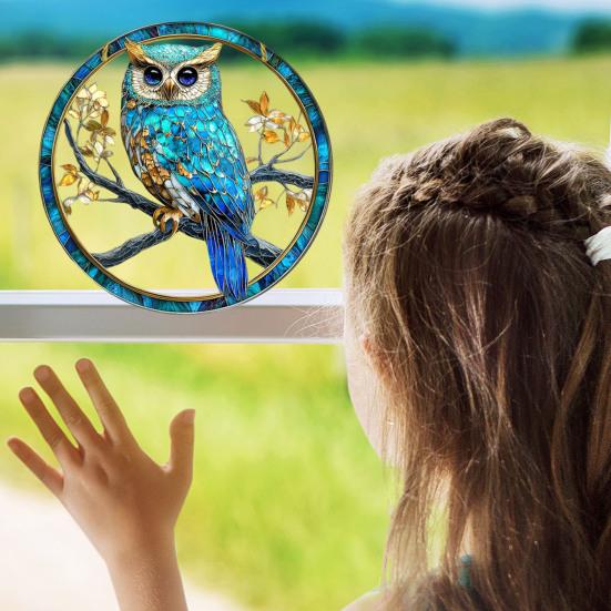 Owl Ornament Stained Glass Blue Green Sun Catcher Enchanting Birds Window Hanging Panel Kitchen Window Decor