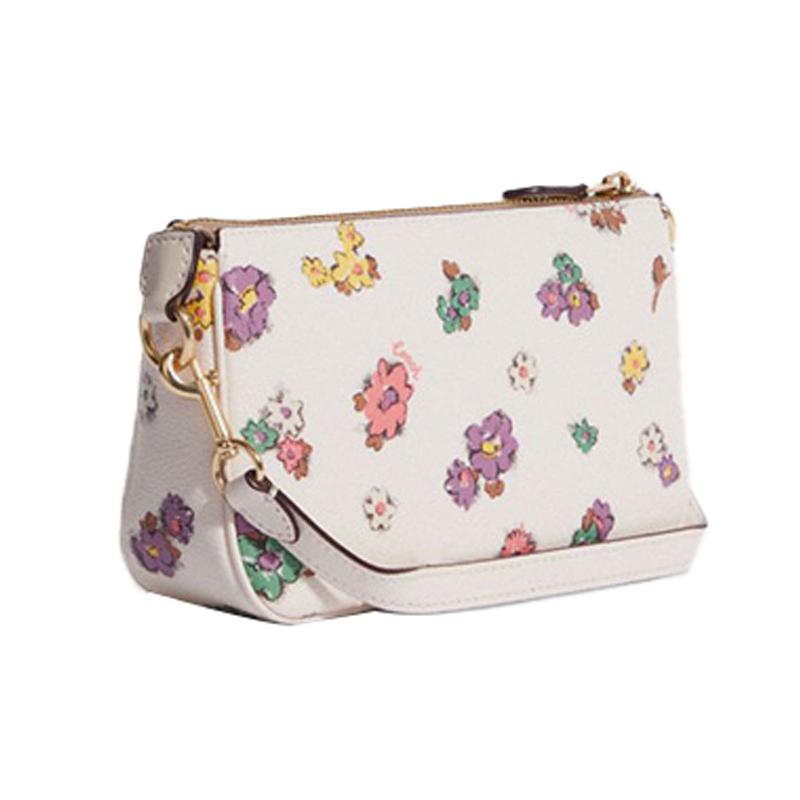 Coach Nolita 19 Zipper Closure Floral Print Artificial Leather Mahjong Bag Underarm Wrist Bag Clutch Small Size Women's White